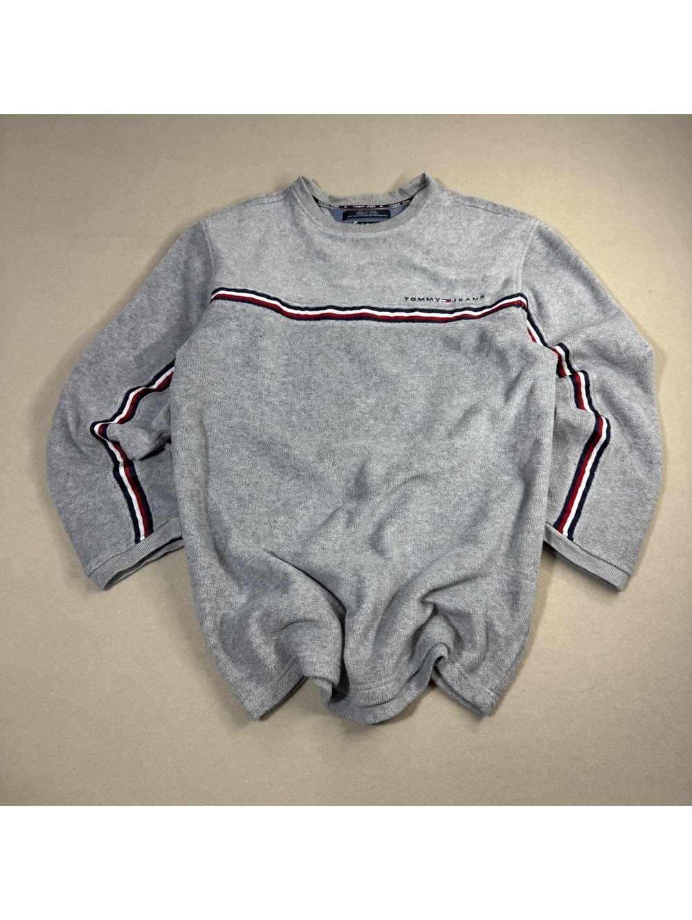 Vintage Y2K Tommy Jeans Fleece Crewneck S Grey Tommy Hilfiger Flag Stripe Tape